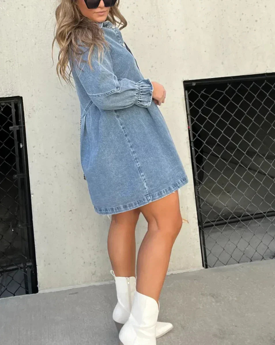Evie | Women’s Puff Sleeve Smocked Cuffs Denim Mini Dress