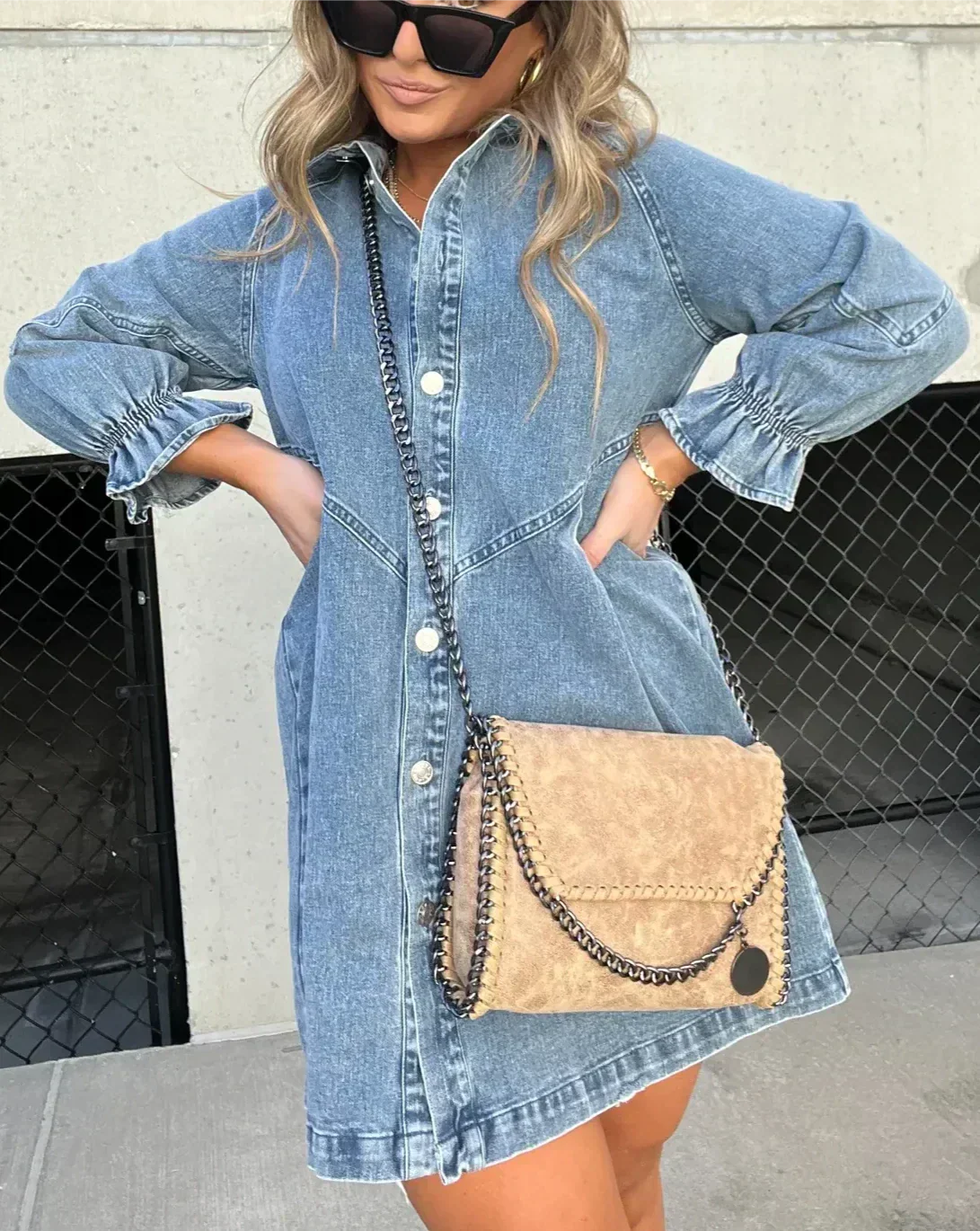 Evie | Women’s Puff Sleeve Smocked Cuffs Denim Mini Dress