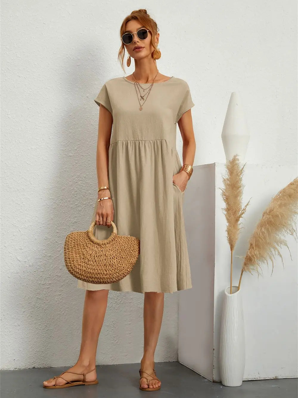 Ondine | Women’s Short Sleeve with Pockets Midi Dress
