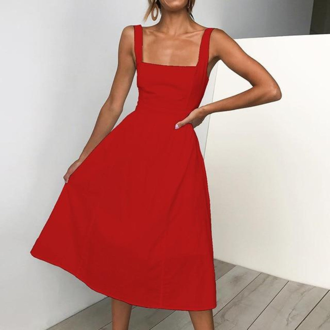 Flavia | Women’s Straight Neckline Sleeveless Midi Dress