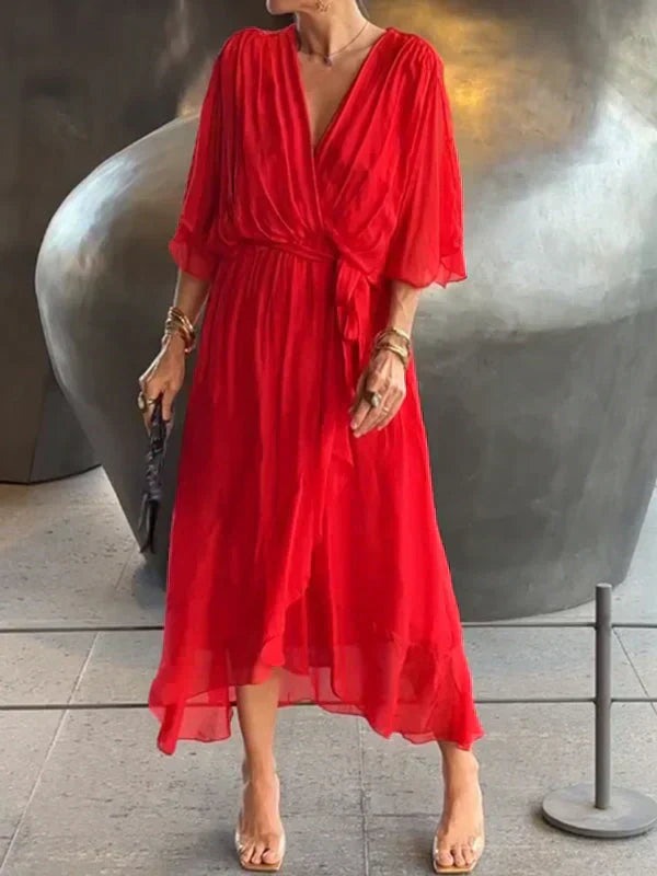 Boho Wrap Midi Dress - Red
