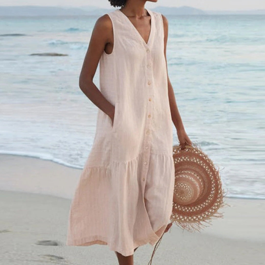 Sleeveless Midi Shirt Dress - Beige