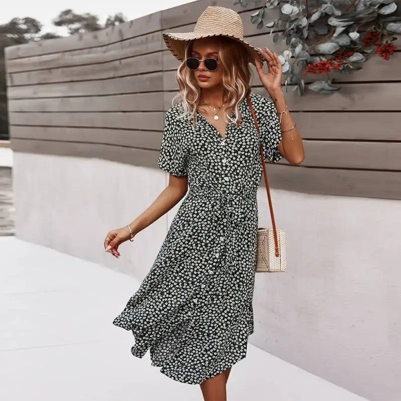 Floral Wrap Midi Dress - Black