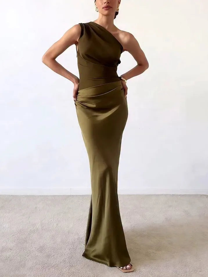 One Shoulder Formal Maxi Dress - Dark Green