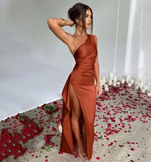 One Shoulder Ruched Maxi Dress - Dark Brown