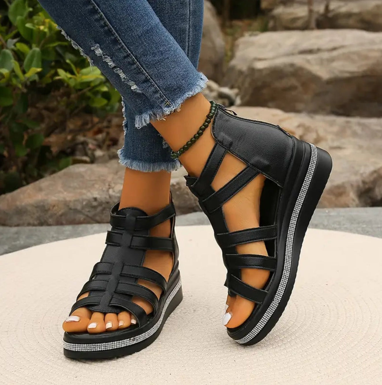 Platform Wedge Sandals - Black