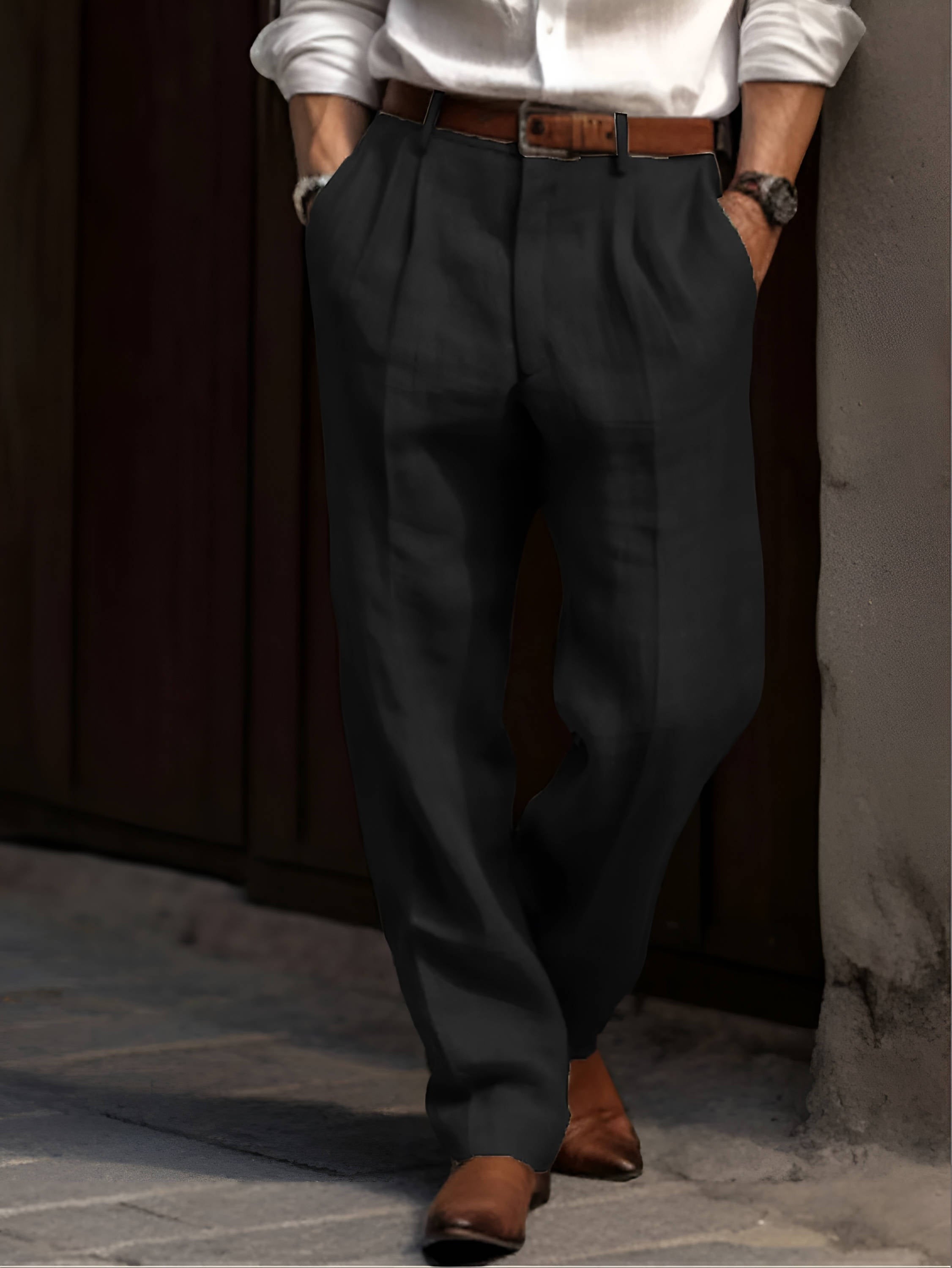 Pleated Straight Leg Pants - Black