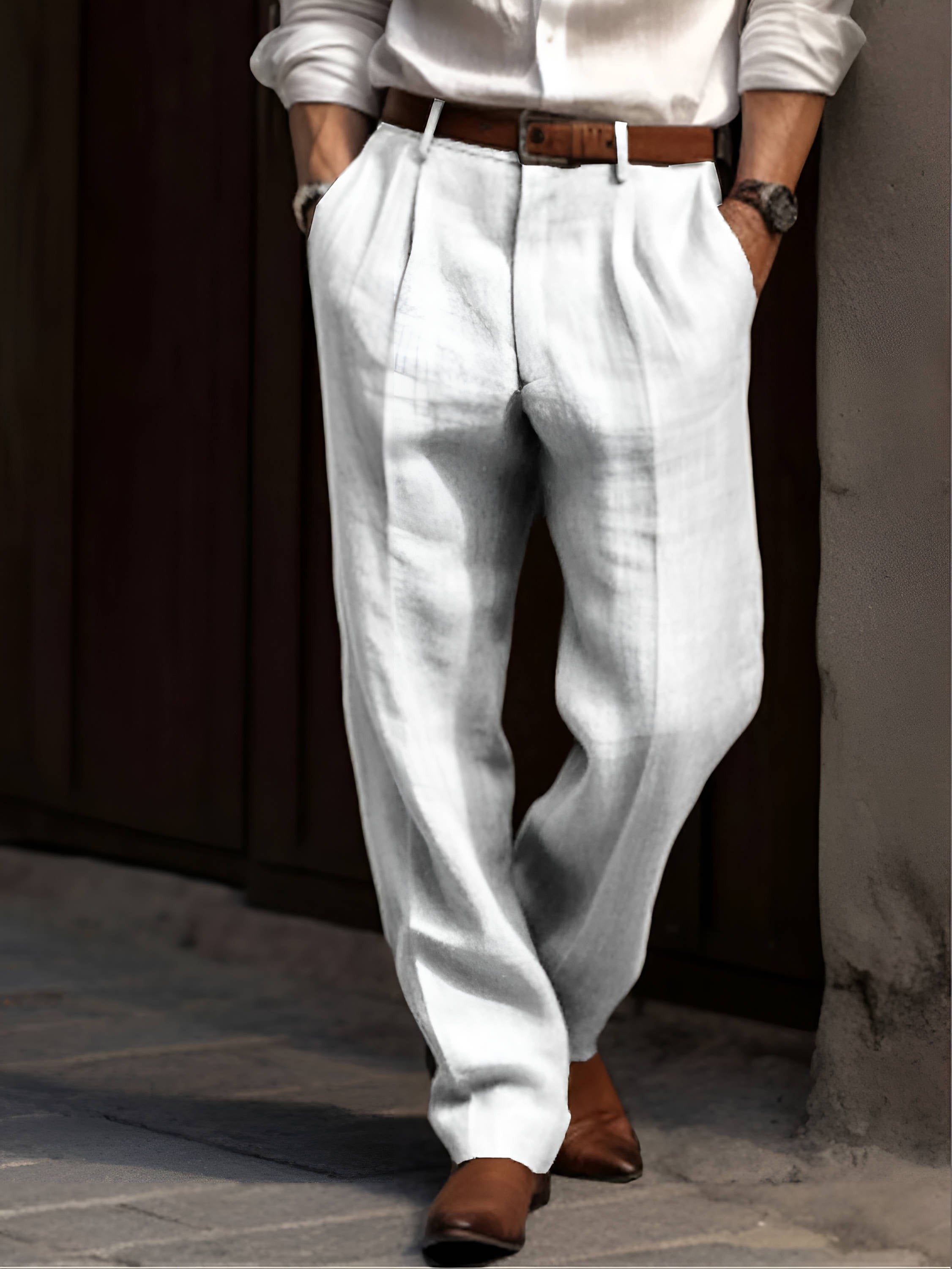 Pleated Straight Leg Pants - White