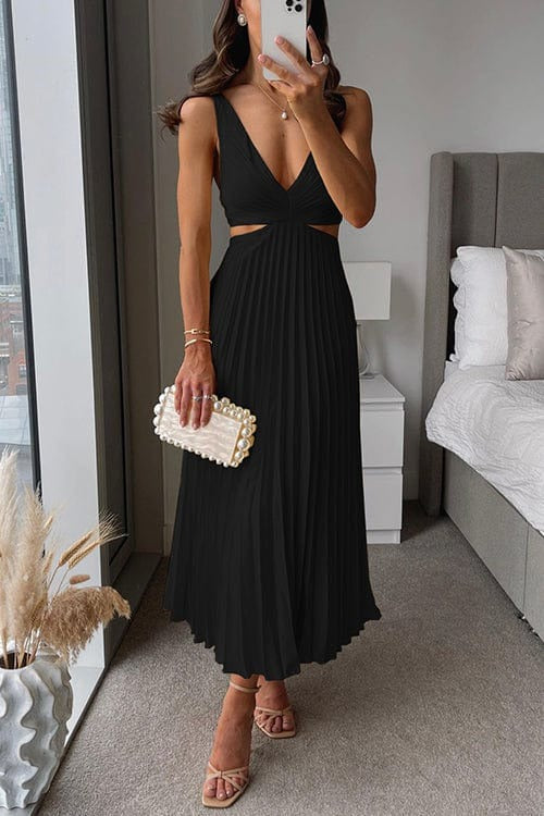 Pleated Wedding Guest Midi Dress - Black