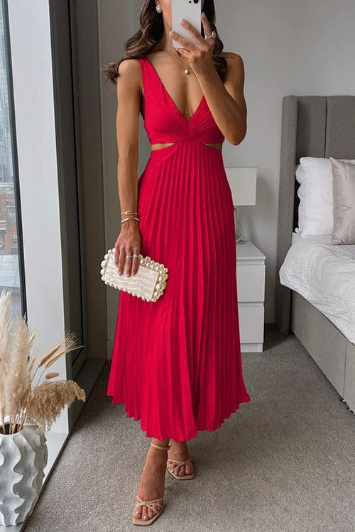 Pleated Wedding Guest Midi Dress - Red