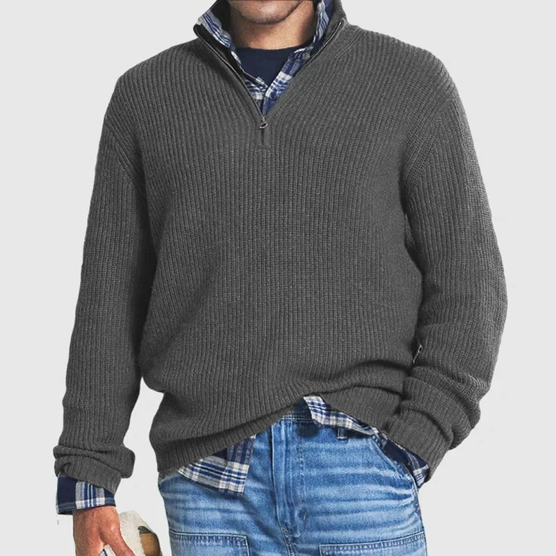 Ribbed Quarter Zip Sweater - Gray