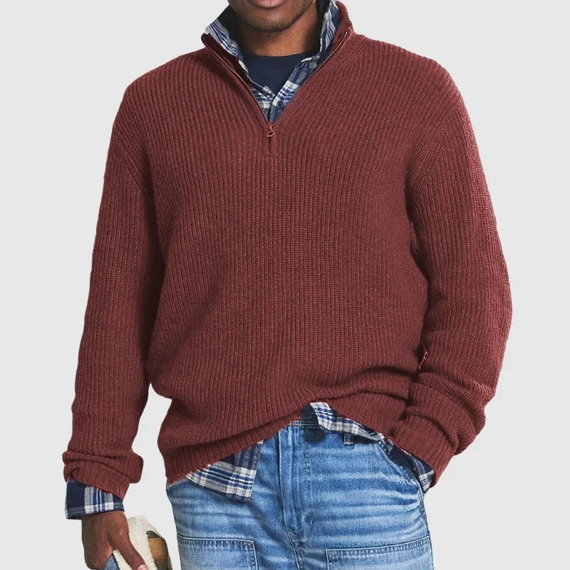 Ribbed Quarter Zip Sweater - Red