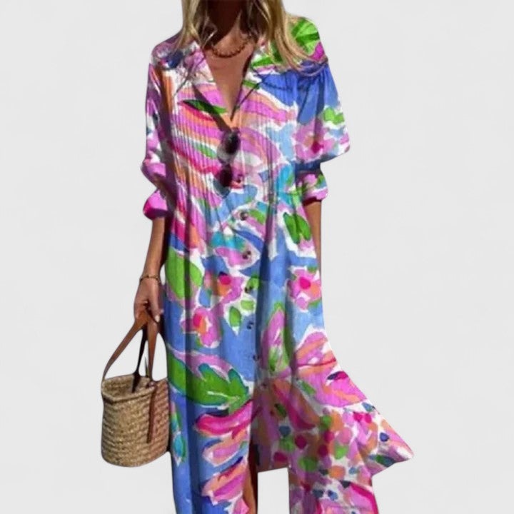 Floral Shirt Maxi Dress - Red