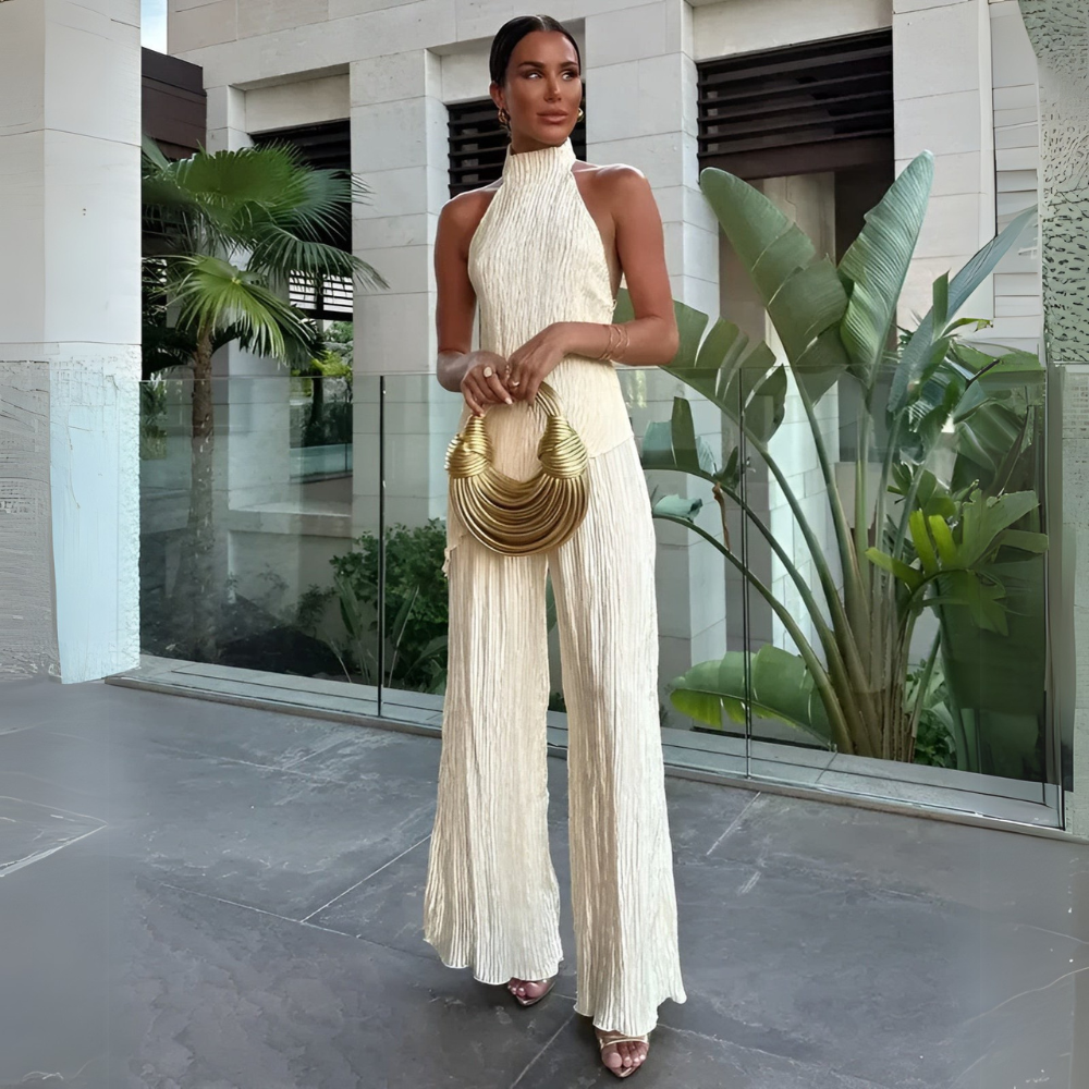 Aira | Womenâs Halter Backless Plisse Jumpsuit