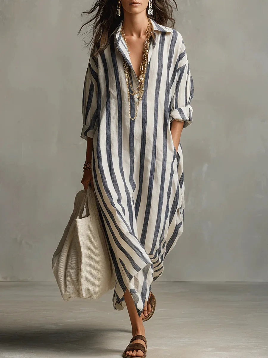 Striped Maxi Shirt Dress - Blue