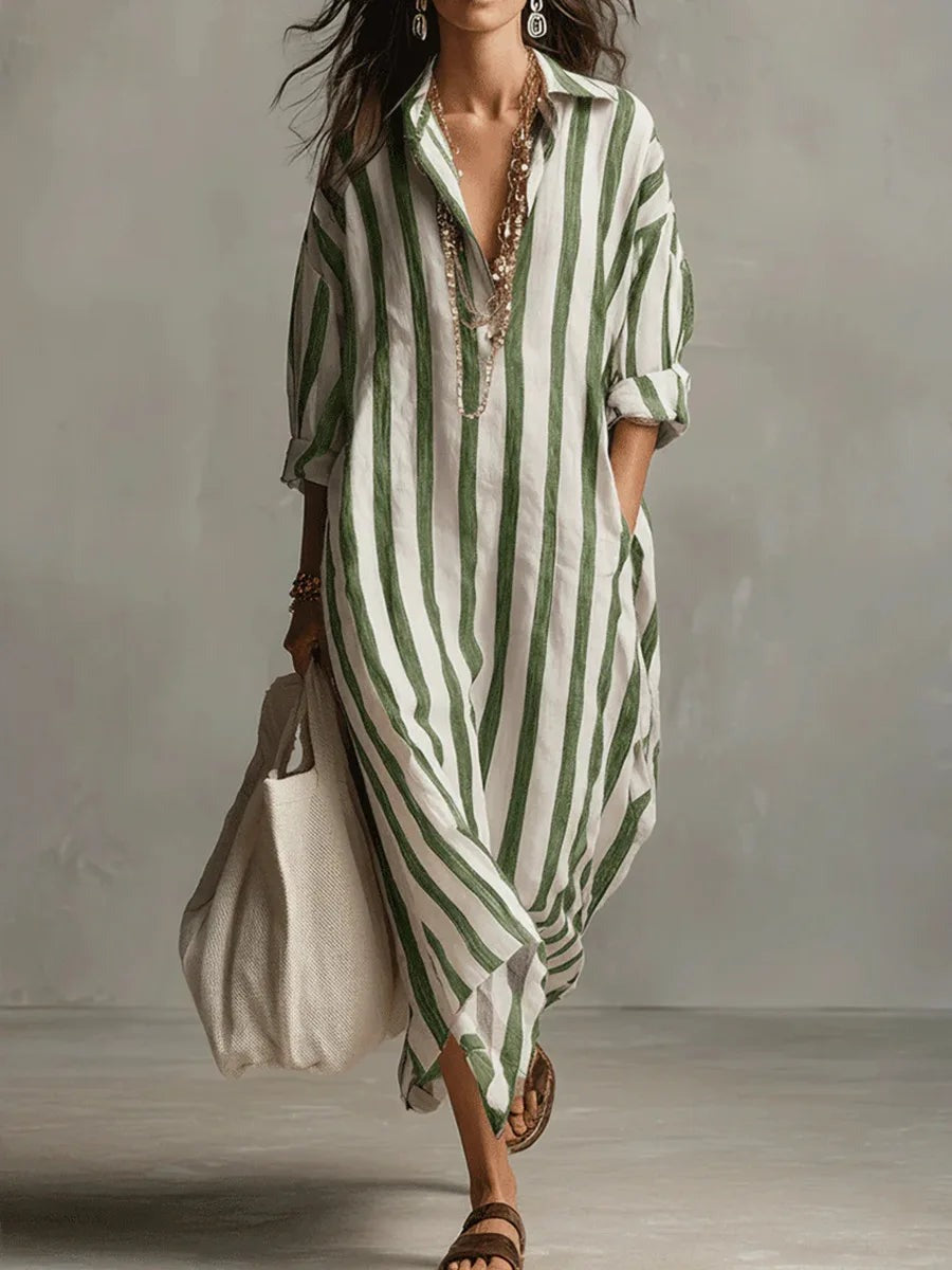 Striped Maxi Shirt Dress - Green