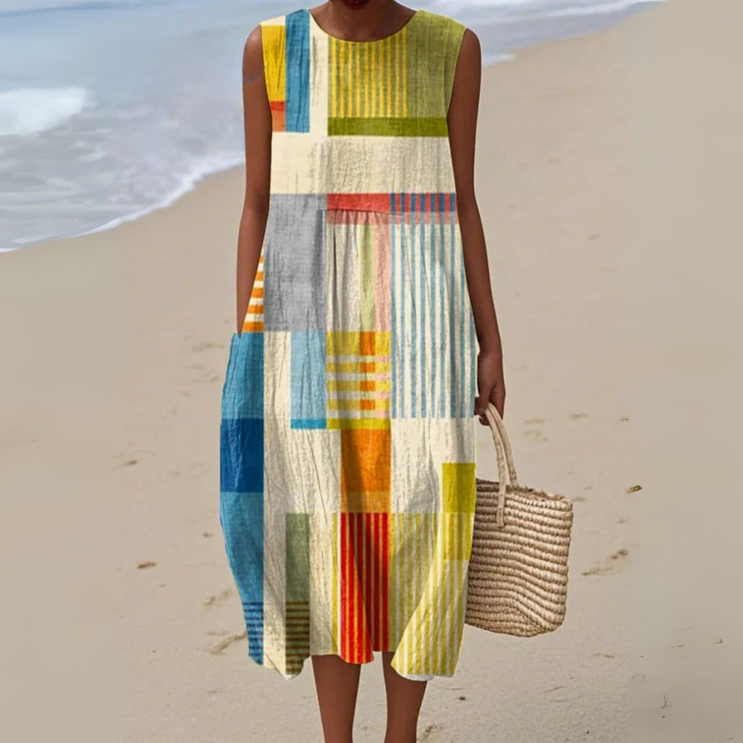 Striped Patchwork Midi Dress - Multicolor