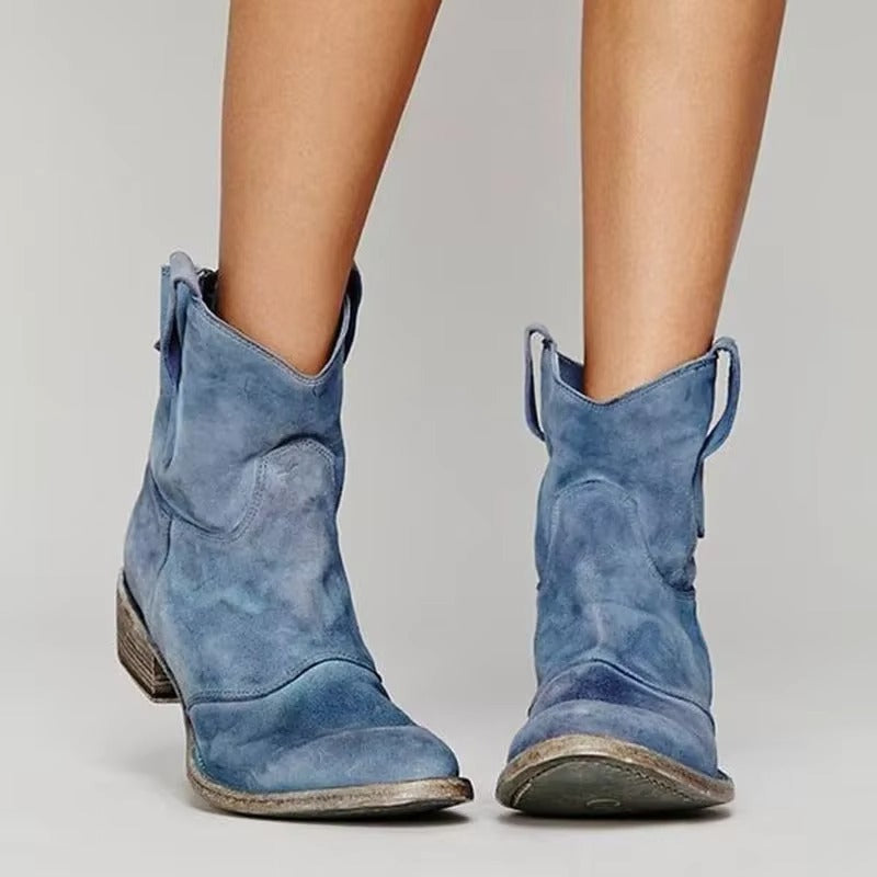 Western Block Heel Ankle Boots - Blue