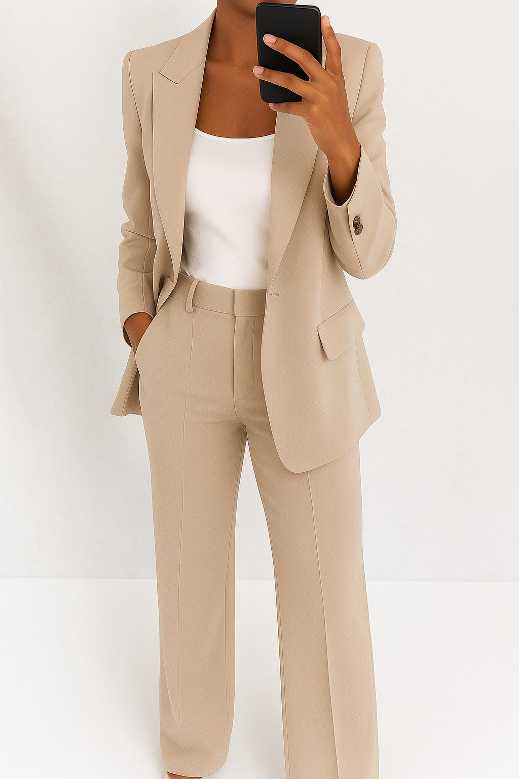 Wide Leg Pants Two Piece Set - Beige