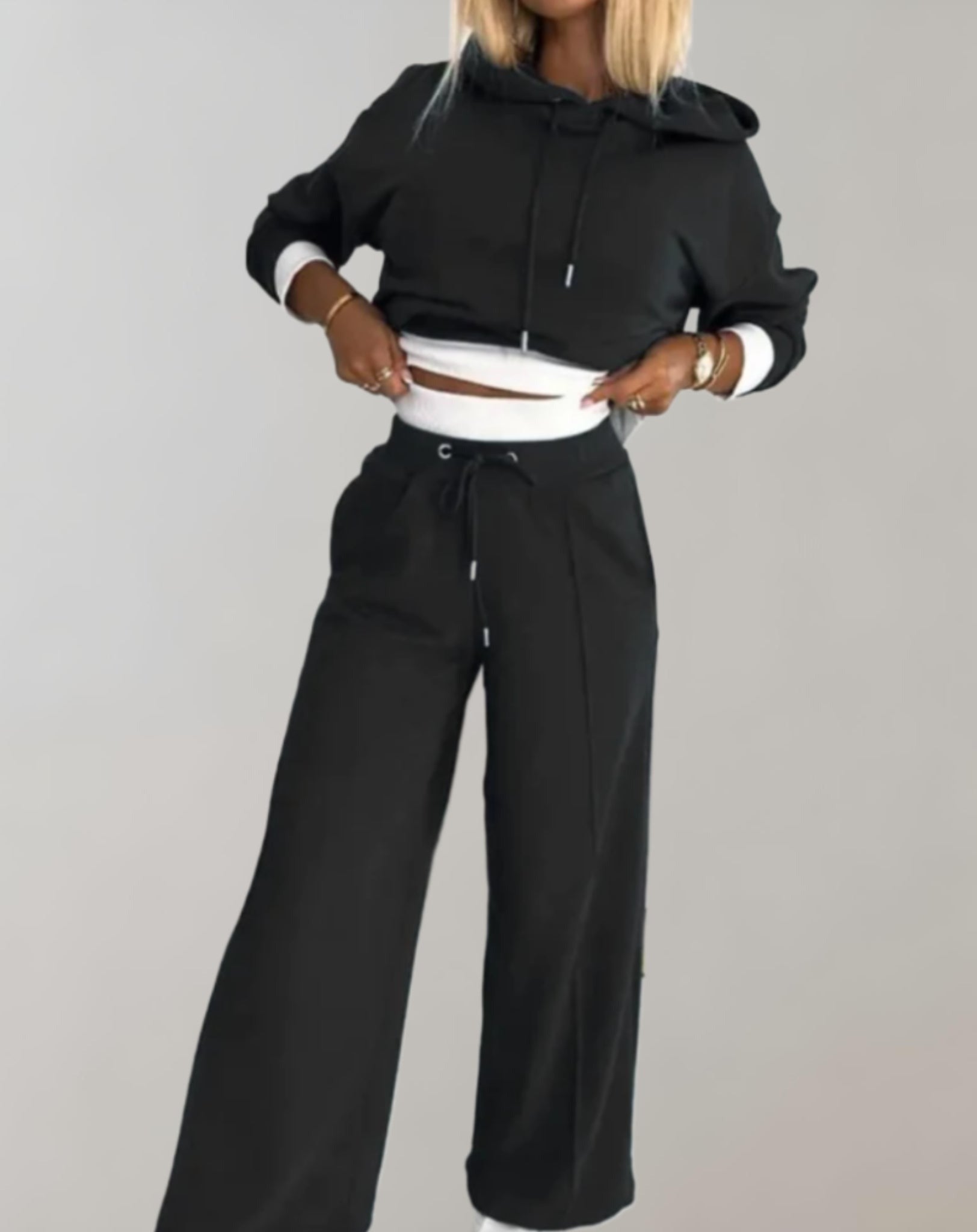 Wide Leg Pants Two Piece Set - Black