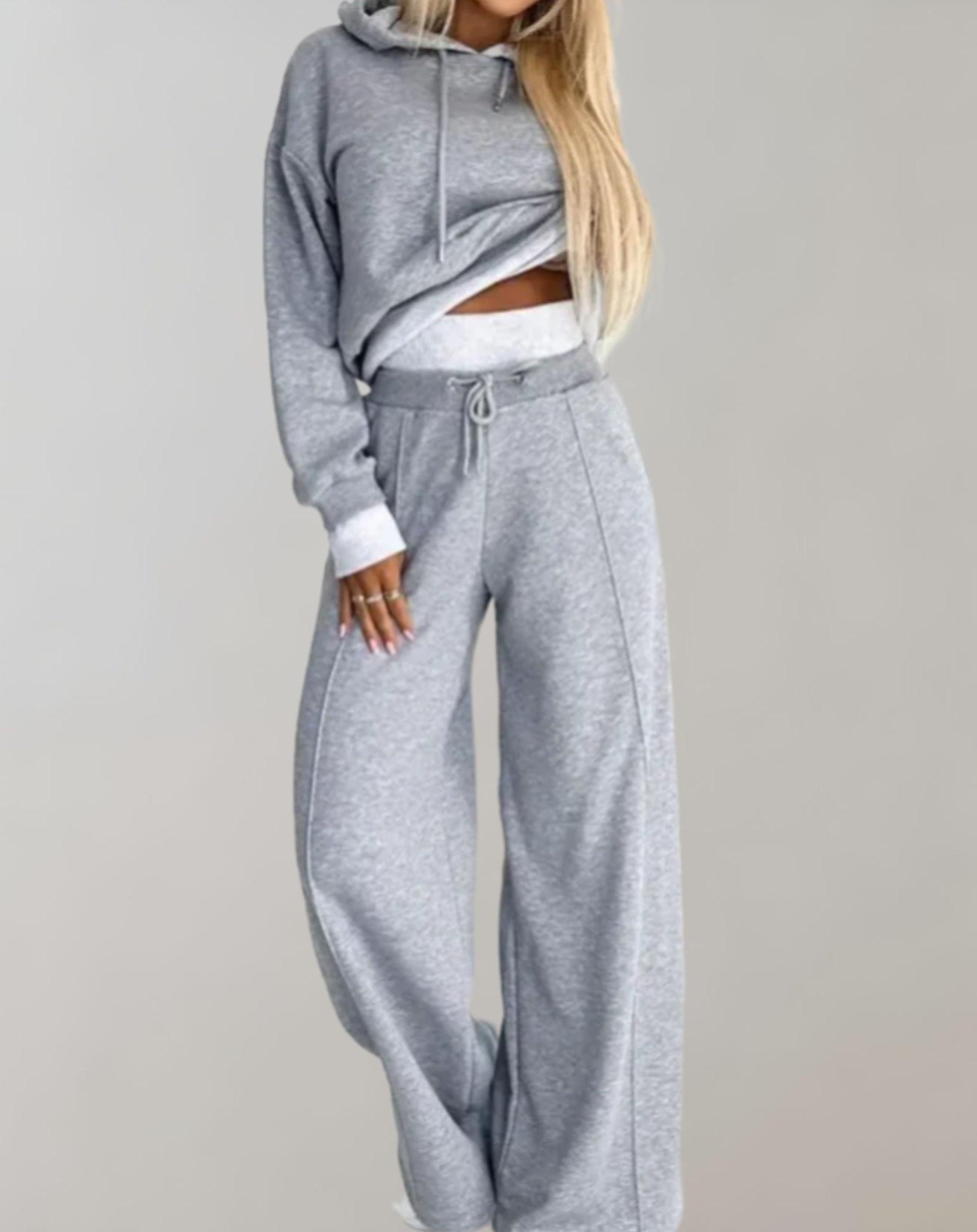 Wide Leg Pants Two Piece Set - Grey