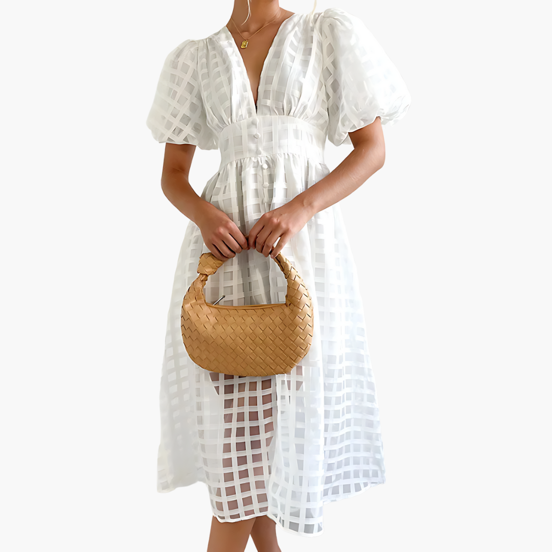 Aurelie | Women’s Cocktail Puff Sleeves Midi Dress
