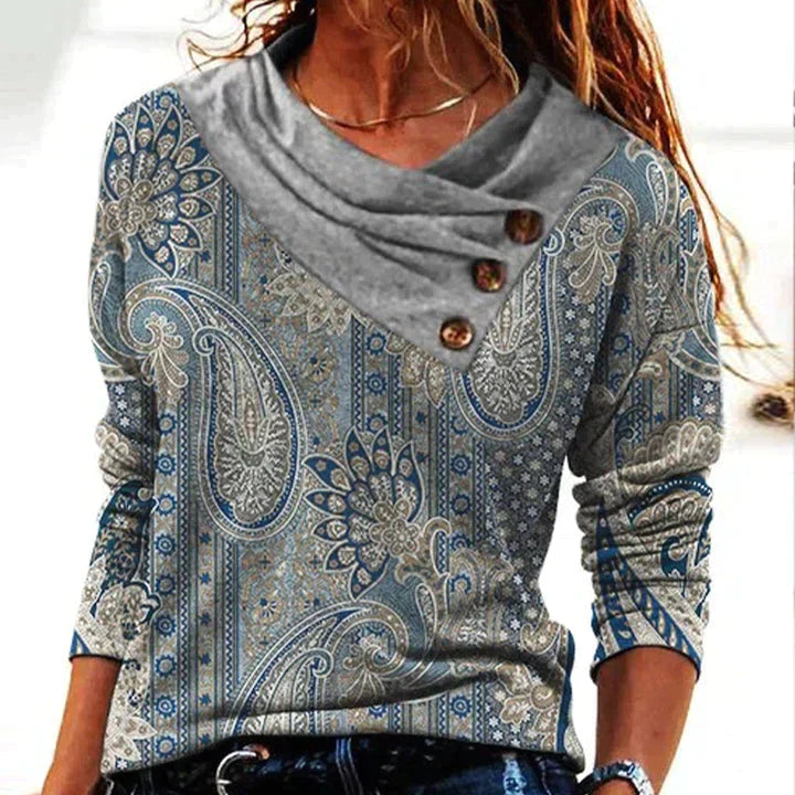 Zora | Women’s Long Sleeve Asymmetrical Button Neck Top