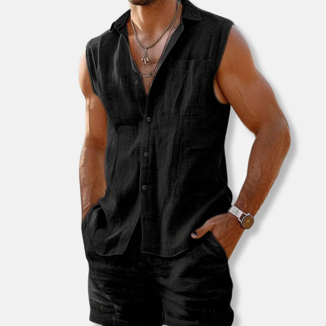 Oliver | Men’s Sleeveless Button-Down Linen Shirt Set
