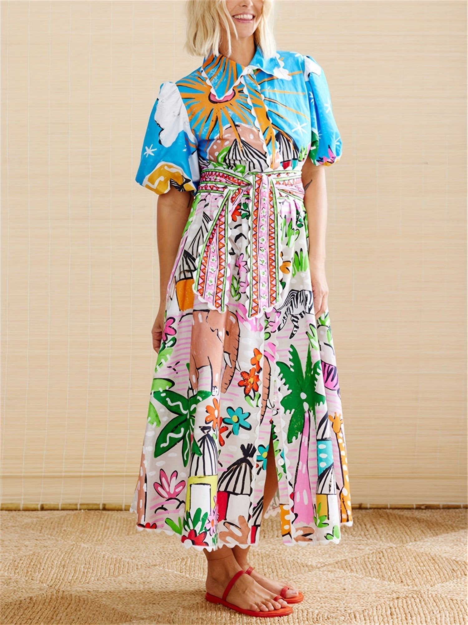 Marjolaine | Women’s Short Sleeve Printed Shirt Maxi Dress