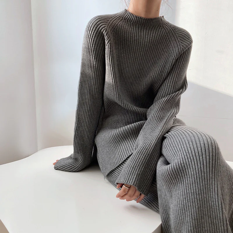 Jelena | Women’s Long Sleeve Ribbed Knit Wide Leg Two-Piece Set