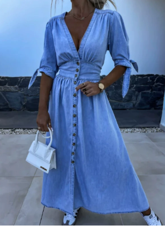 Runa | Women’s V Neck Button Front Midi Dress