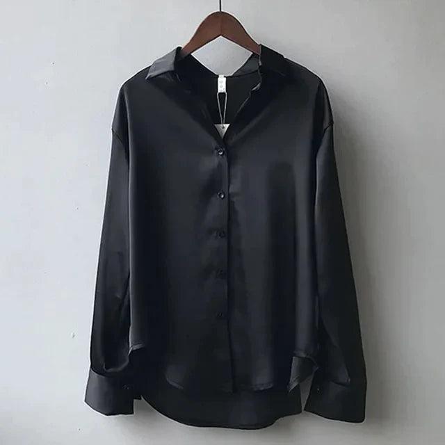 Nives | Women’s Satin Long Sleeve Collared Blouse