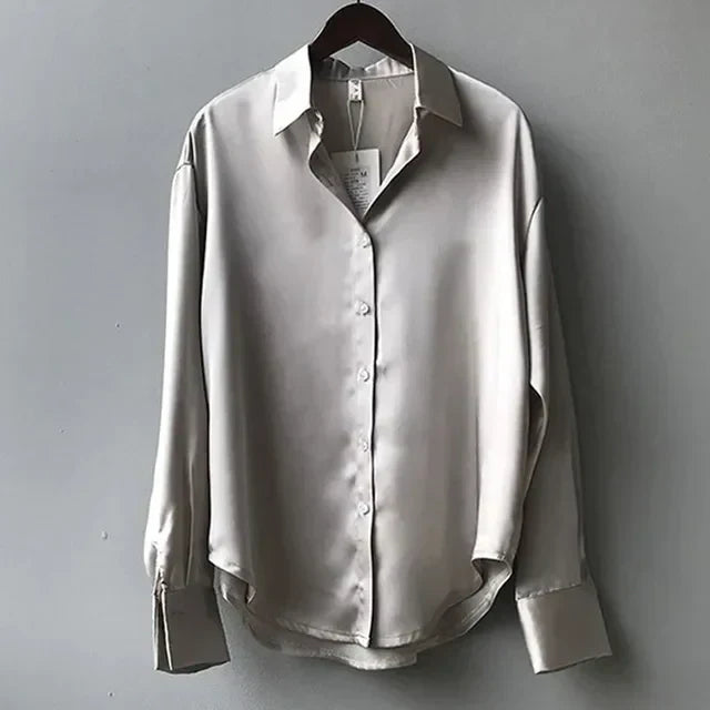 Nives | Women’s Satin Long Sleeve Collared Blouse