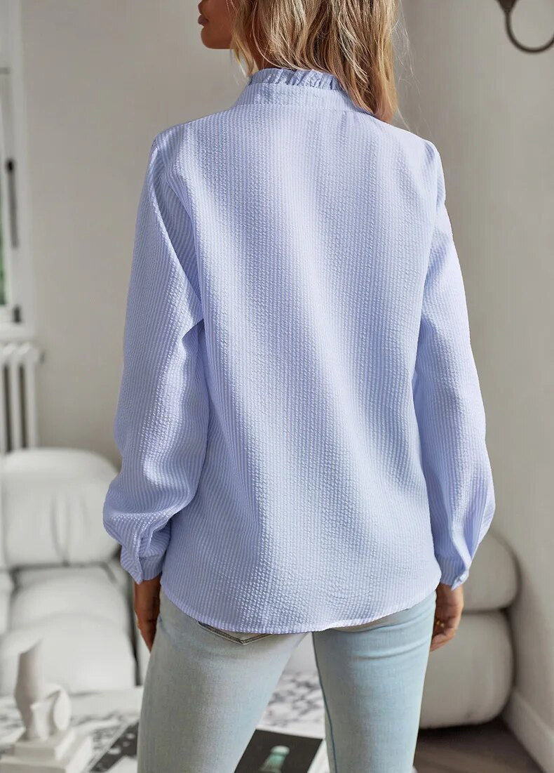 Amandine | Women’s Long Sleeve Ruffle Collar Button Blouse