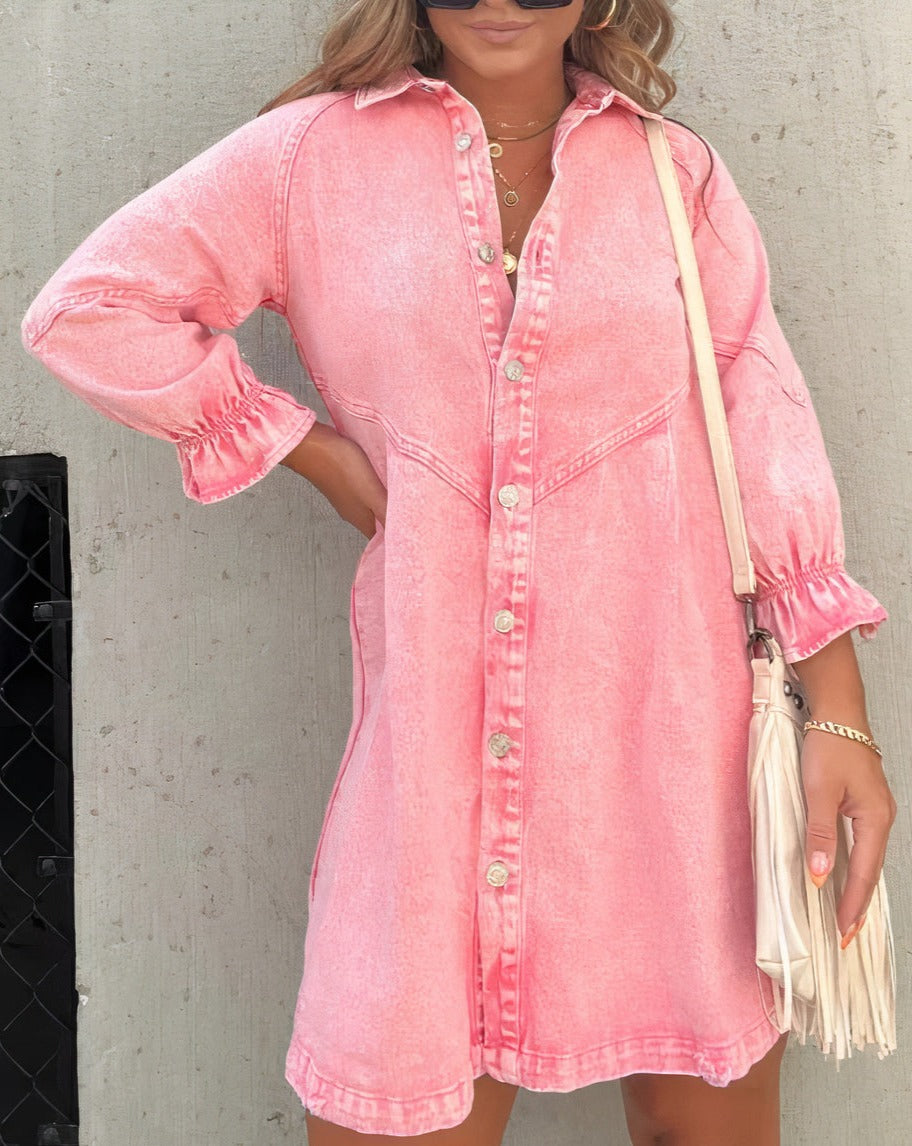 Evie | Women’s Puff Sleeve Smocked Cuffs Denim Mini Dress