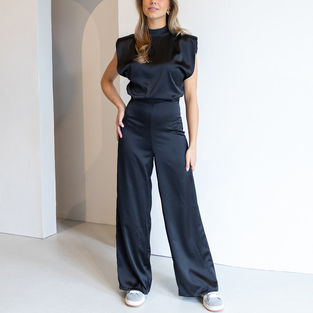 Wenda | Women’s Satin Padded Shoulder Jumpsuit
