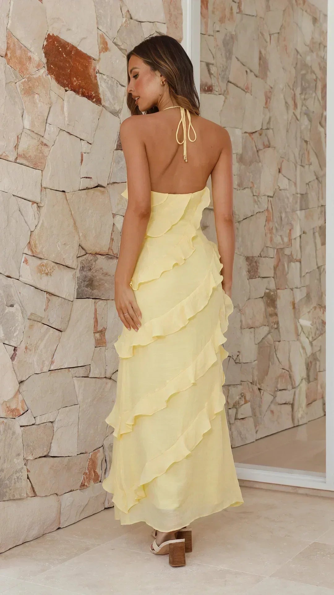 Cinnia | Women’s Halter Tie Ruffle Maxi Dress