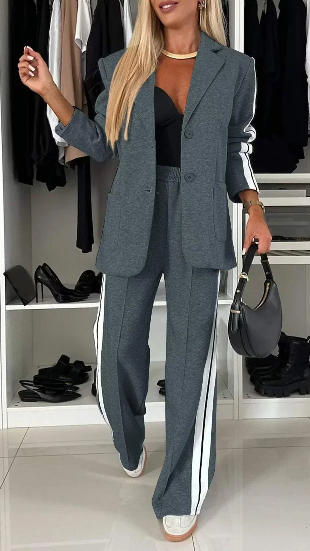Katalin | Women’s Side Stripes Wide Leg Blazer Set