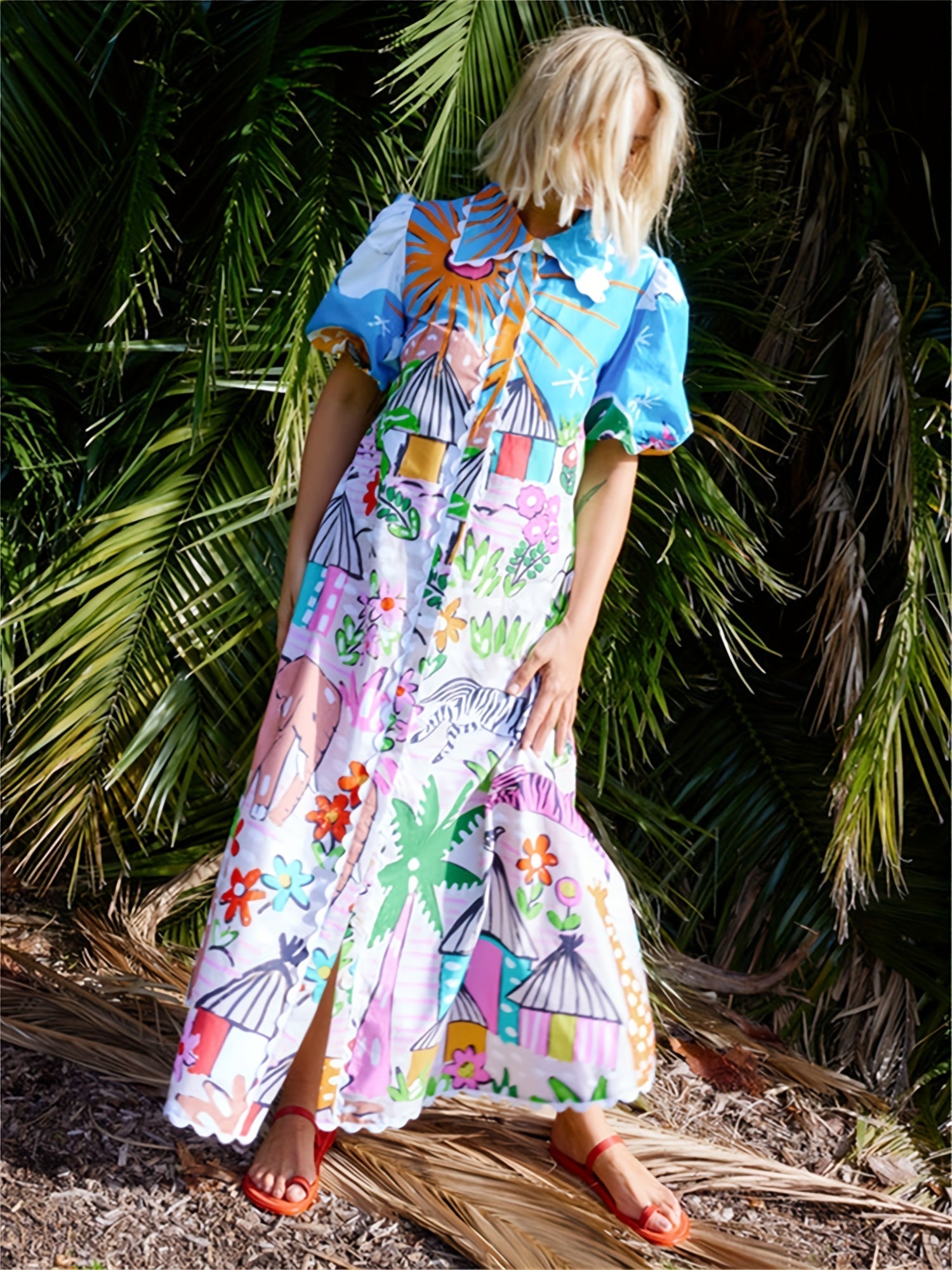Marjolaine | Women’s Short Sleeve Printed Shirt Maxi Dress