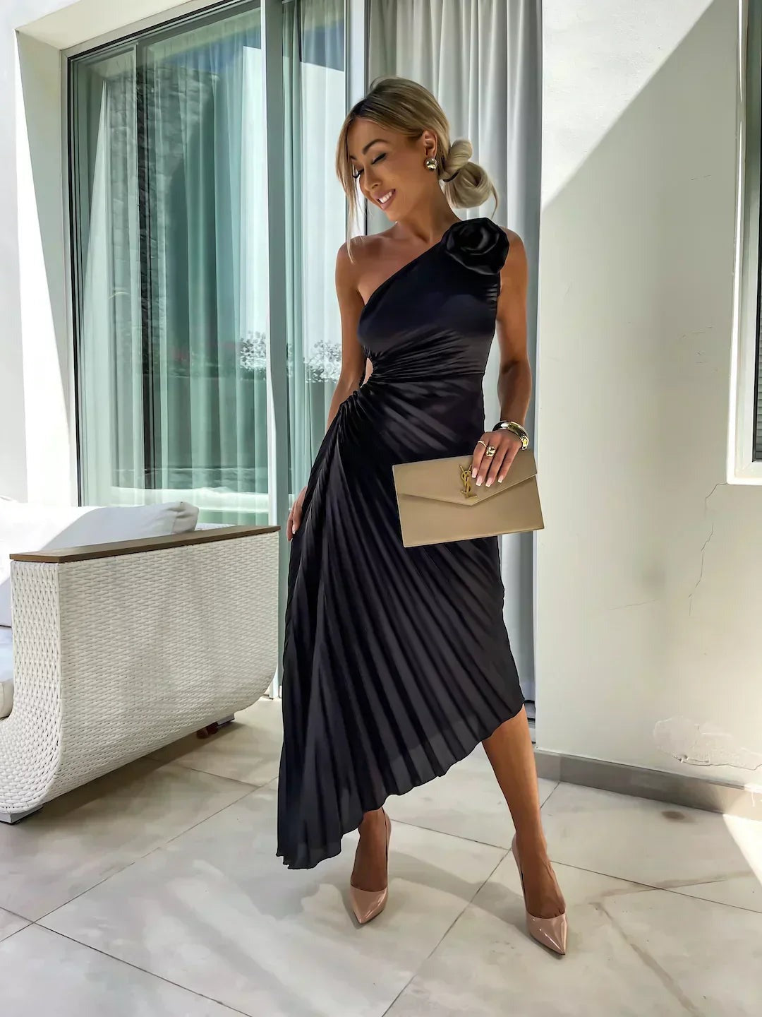 One Shoulder Pleated Midi Dress - Black