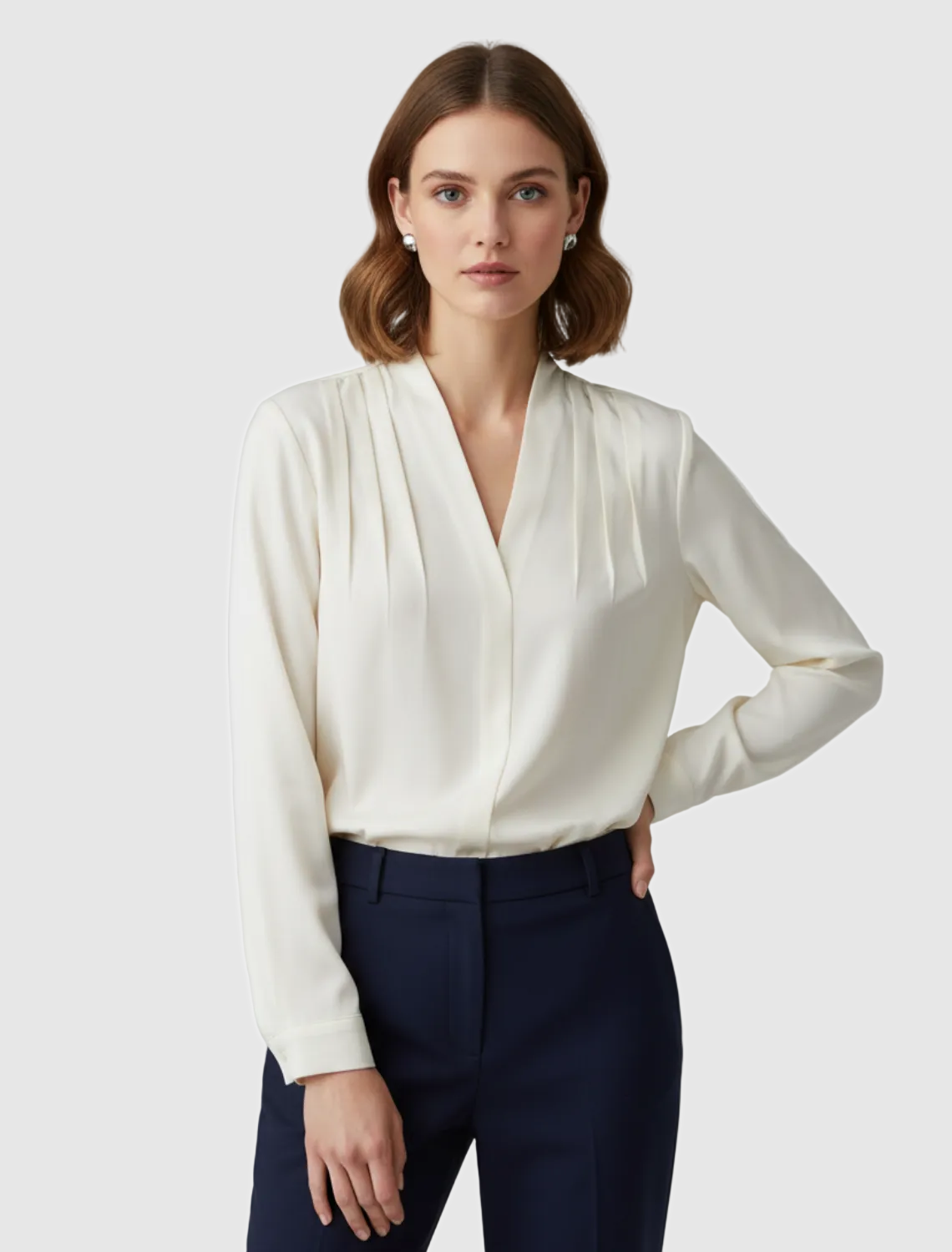 Kallista | Women’s Long Sleeve V Neck Pleated Blouse