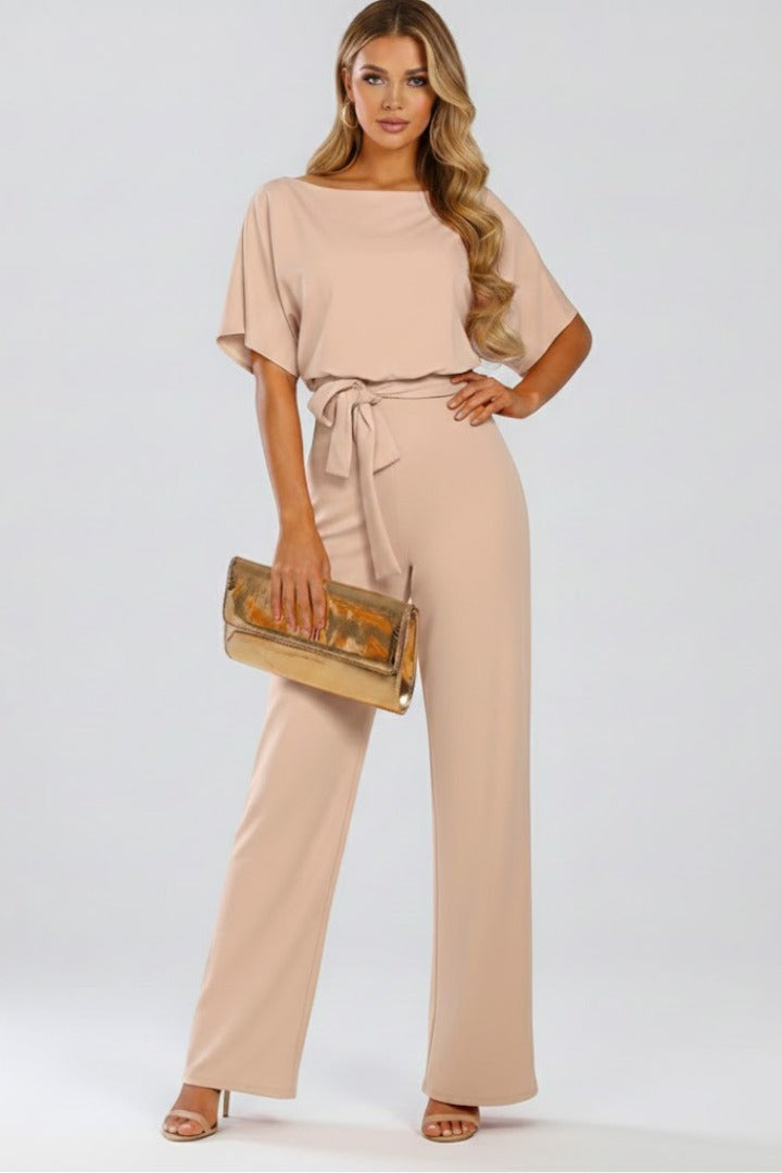 Belted Wide Leg Jumpsuit - Beige