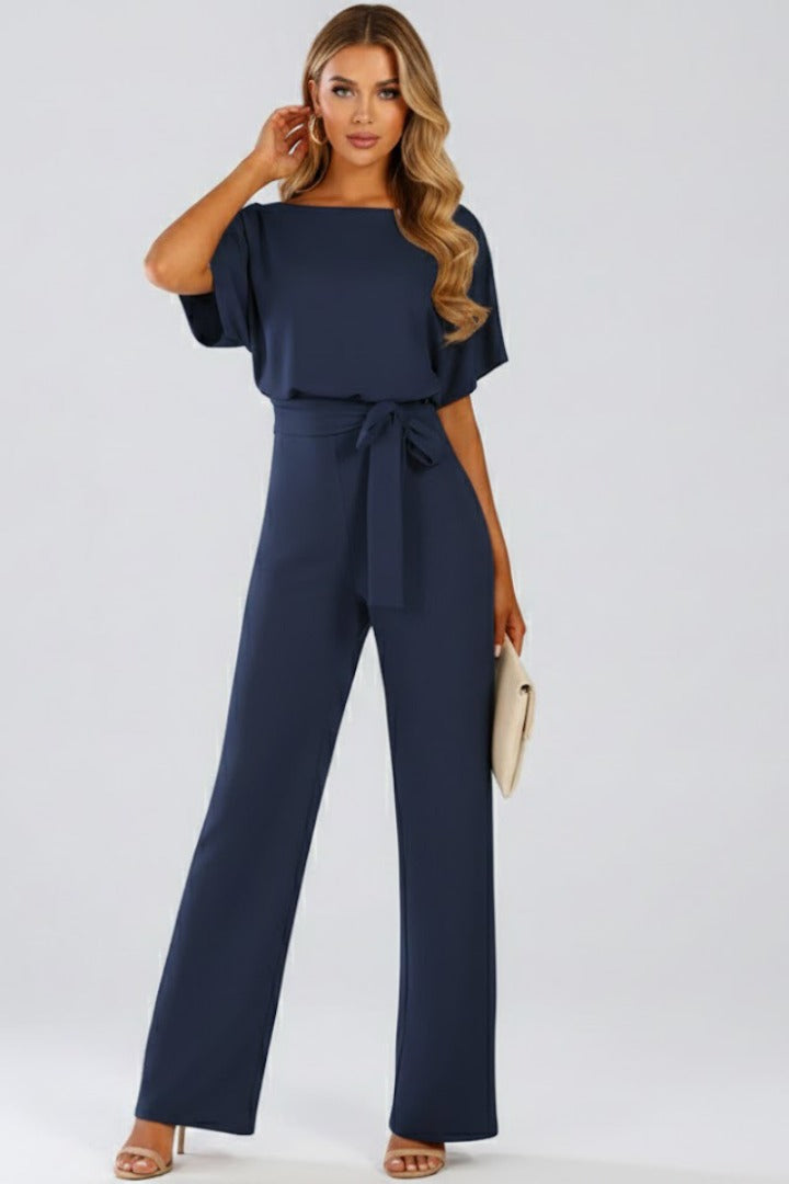 Belted Wide Leg Jumpsuit - Navy Blue