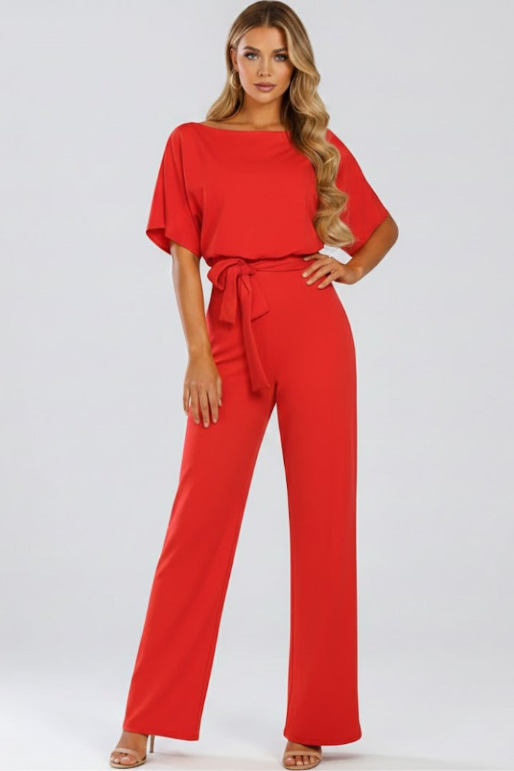 Belted Wide Leg Jumpsuit - Red