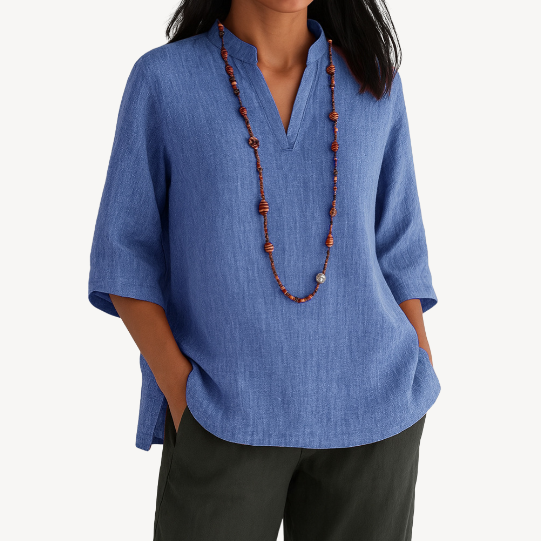 Yvaine | Women’s Linen 3/4 Sleeve V Neck Blouse