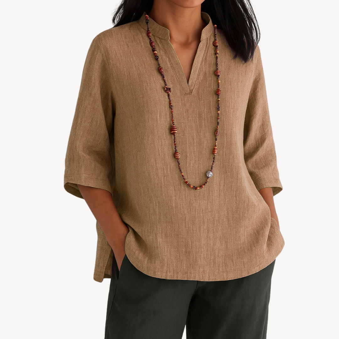 Yvaine | Women’s Linen 3/4 Sleeve V Neck Blouse