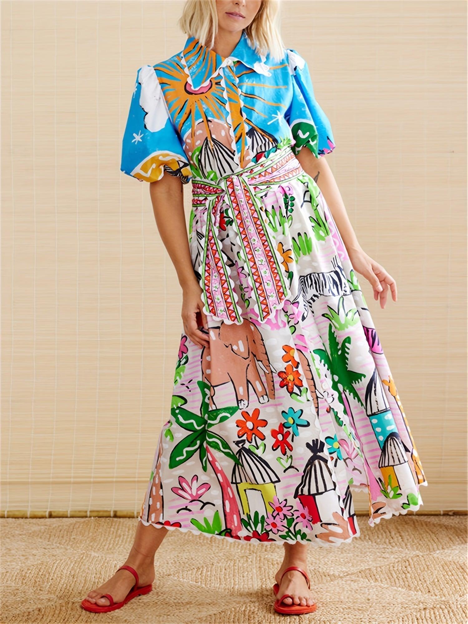 Marjolaine | Women’s Short Sleeve Printed Shirt Maxi Dress