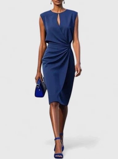 Cocktail Ruched Midi Dress - Navy Blue