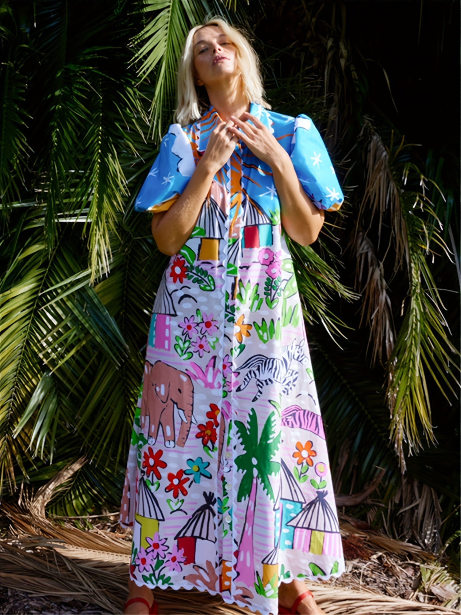 Marjolaine | Women’s Short Sleeve Printed Shirt Maxi Dress