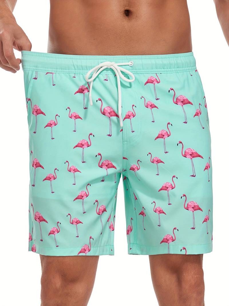 Flamingo Print Swim Trunks - Dark Blue